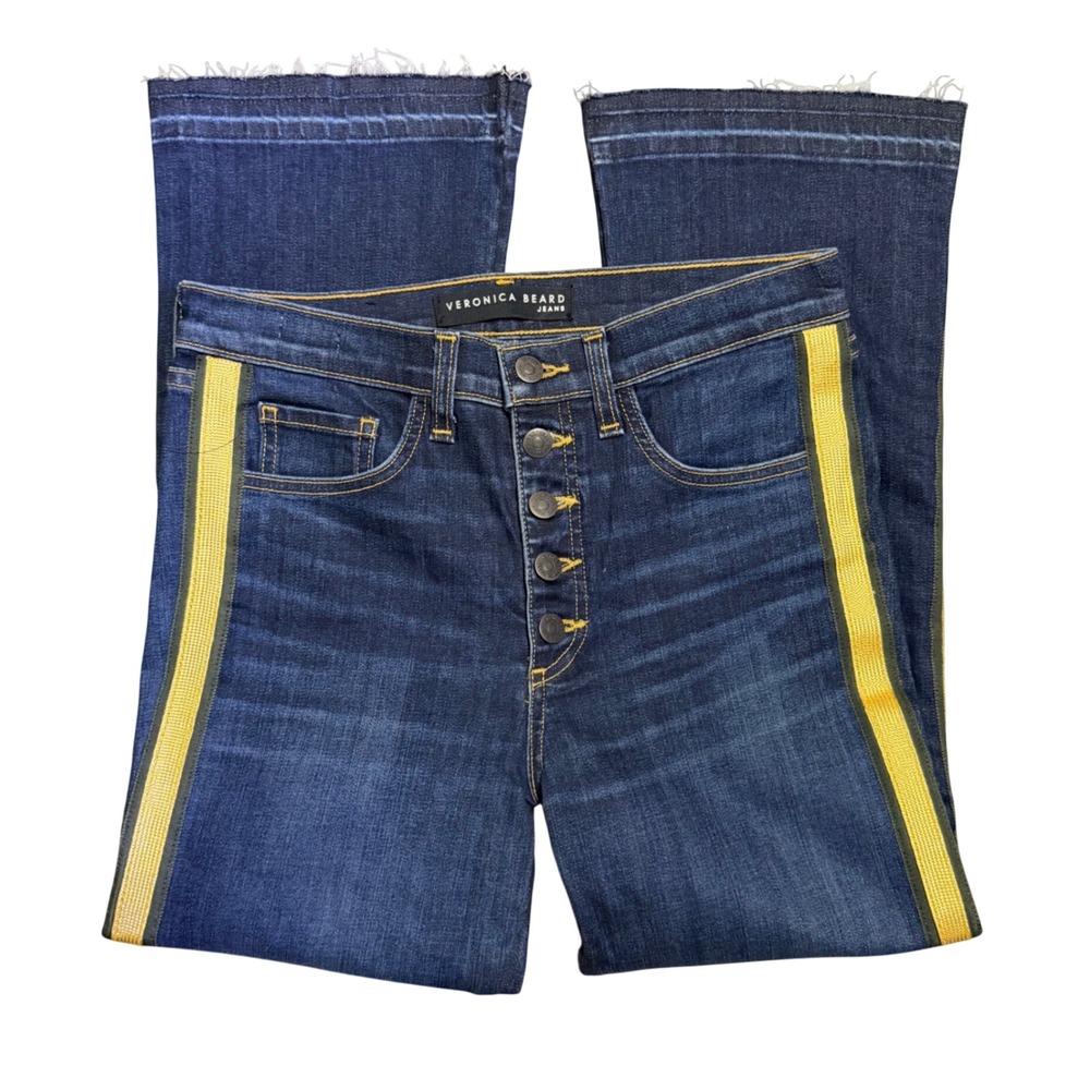Veronica Beard Dark Vintage Jeans Size 27 Button Fly Side Stripe Raw Hem Flare
